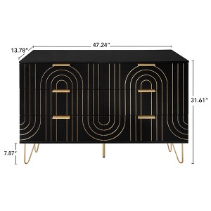 Gulches Modern 6 Drawer Dresser - Metal Handles, Carving Design, L-type Anti-tipping, Triamine Process, Black & Gold - 1 of 4