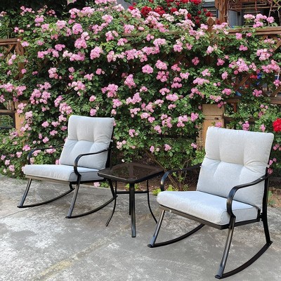 Modern Accent 2 Seater Rocker Teapoy Set Of 3, Upholstered Rocker Armchair, Patio Furniture Porch Chairs, Soft Cushions Rocker