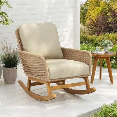 Contemporary Minimalist Chair, Patio Rocking Armrest Sofa, Patio Wicker Rocking Chaise with Polyester Beige Cushions and Wooden Frame-Coolbibila