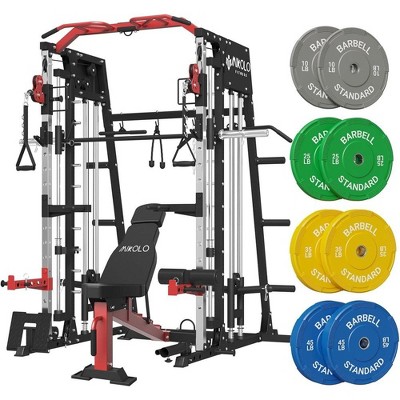 ER KANG Smith Machine, 2200lbs Squat Rack with LAT-Pull Down System & Cable Crossover Machine, Training Equipment with Leg Hold-Down Attachment