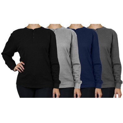 Blue Ice  Women's Loose Fit  Waffle-Knit Thermal Henley- 4 Pack
