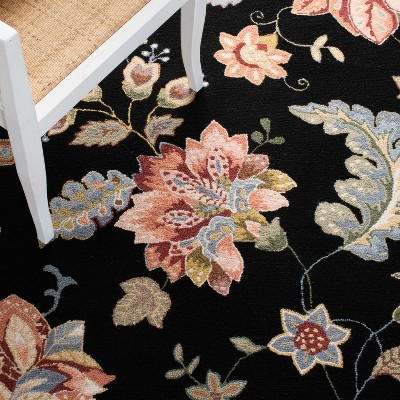 Black Floral Hand-Hooked Wool Area Rug 8'9" x 11'9"