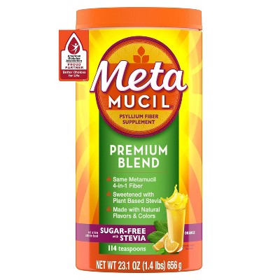 Metamucil Psyllium Fiber Powder Premium Blend Sugar-Free with Stevia - Orange Flavor - 114tsp