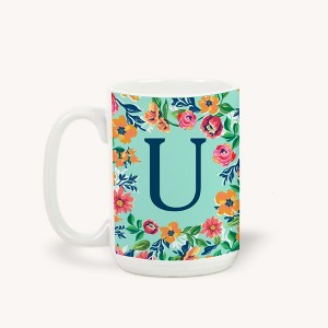 Personalization Mall Flowery Initial Coffee Mug, 15 Oz., Blue Aqua - 1 of 1