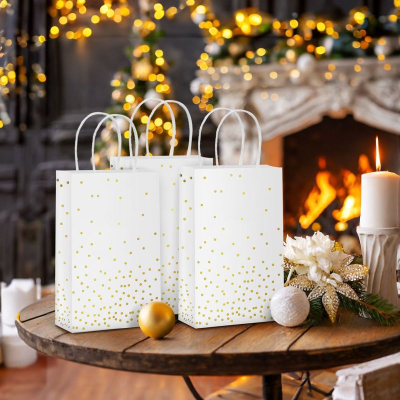 Sparkle and Bash 25 Pack Small Gift Bags with Handles - White Paper Bags with Gold Foil Polka Dots for Birthday, Wedding (5.5x3x9 In), 2 of 7