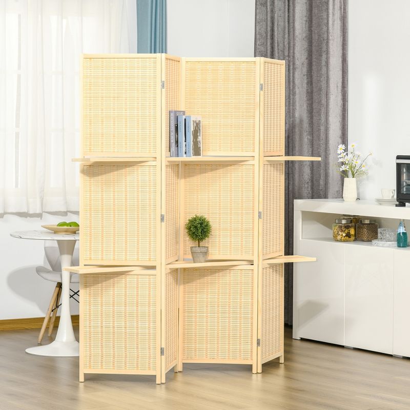 HOMCOM 4-Panel Bamboo Room Divider, 6 Ft Folding Privacy Screen with 2 Display Shelves for Bedroom and Office, Natural, 2 of 7
