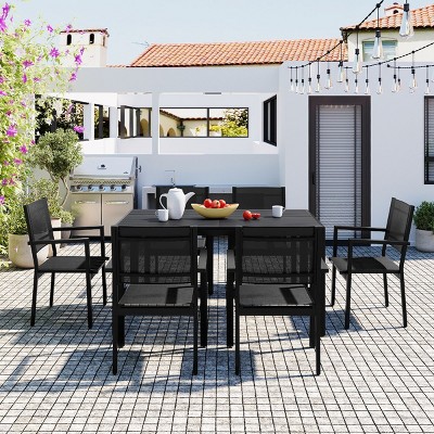 7-Piece Outdoor Dining Set, Steel Frame Armrest Single Dining Chairs with Rectangle Table, Modern Chairs with Plastic Textile–Cuddlewood
