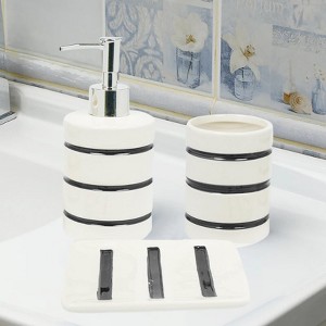 Home Mart Goods White Black Striped Dolomite Bathroom Accessories Set - Soap Dispenser, Soap Dish & Tumbler - 1 of 4