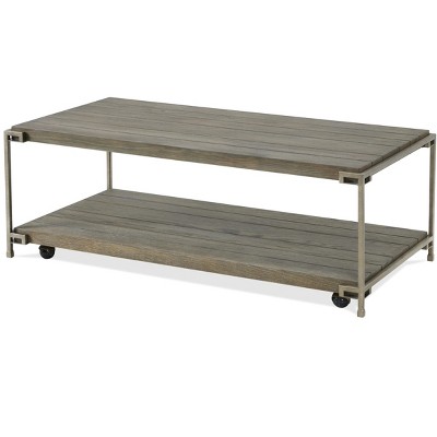 Vynxaria Living Room Coffee Table, Metal Frame + Hardwood Solid/Oak Veneer, Aged Graphite Finish, Removable Casters, Fixed Bottom Shelf