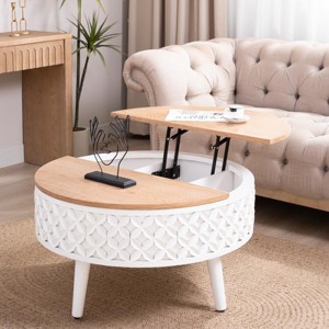31.5" Round Lift-Top Coffee Table with Hidden Storage, Oak Finish Top and Carved White Base for Living Room or Small Spaces -3irtyhousy - 1 of 4