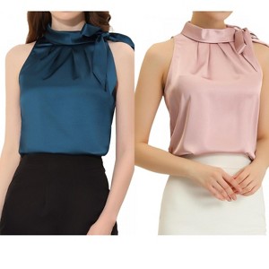 INSPIRE CHIC Women's Elegant Satin Sleeveless Bow Tie Mock Neck Solid Work Blouse 2 Packs - 1 of 4