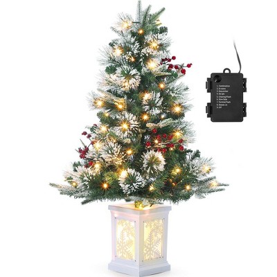 3FT Pre Lit Premium Potted Flocked Arctic Fir Christmas Tree, Artificial Mini Pre Lit Xmas Tree Christmas Decoration Snowflake White Base