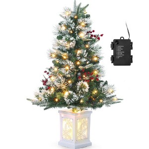 3FT Pre Lit Premium Potted Flocked Arctic Fir Christmas Tree, Artificial Mini Pre Lit Xmas Tree Christmas Decoration Snowflake White Base - 1 of 4