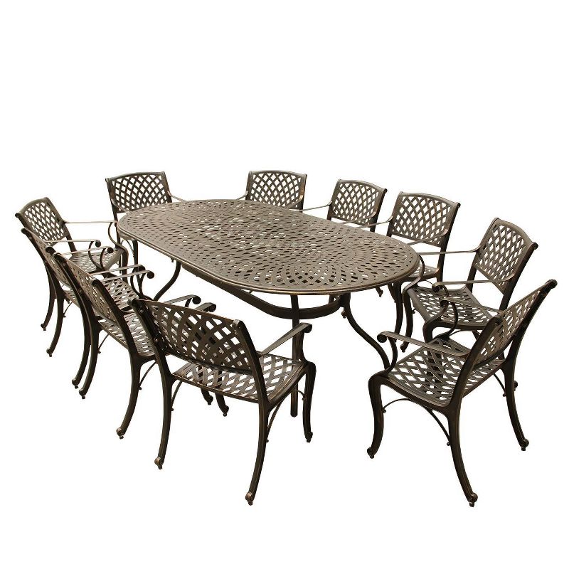 11pc Patio Dining Set with 95&#34; Contemporary Modern Mesh Lattice Aluminum Oval Table with Ten Chairs - Bronze - Oakland Living, 1 of 8