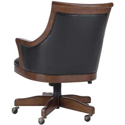 Traditional Black Faux Leather Swivel Club Chair with Rustic Cherry Finish