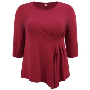 Women's Plus Size Crew Neck Waist Pleated 3/4 Sleeve Asymmetric Hem Casual Loose Fit Blouses - GRACE & GRANDEUR - 1 of 4