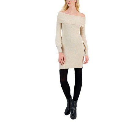 Hippie Rose Womens Long Off-Shoulder Dress, Beige, Small