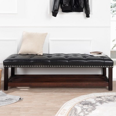 NicBex Pouf Armless Ottoman Bench, Tufted Upholstered Bench with Nailhead Trim and Shelf for Living Room, Entryway and Bedroom