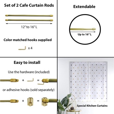 Gold Plated Adjustable Cafe Curtain Rod Set (12" to 16")
