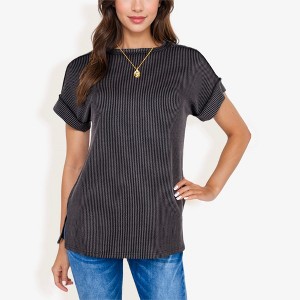 Anna-Kaci Women's Striped Knit Top with Crew Neck and Short Sleeves, Casual Loose Fit Comfortable Blouse - 1 of 4