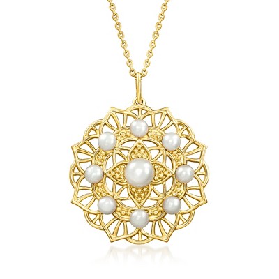 Ross-Simons 3.5-6mm Cultured Pearl Floral Filigree Pendant Necklace in 18kt Gold Over Sterling Size 18