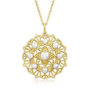 Ross-Simons 3.5-6mm Cultured Pearl Floral Filigree Pendant Necklace in 18kt Gold Over Sterling Size 18 - 1 of 3