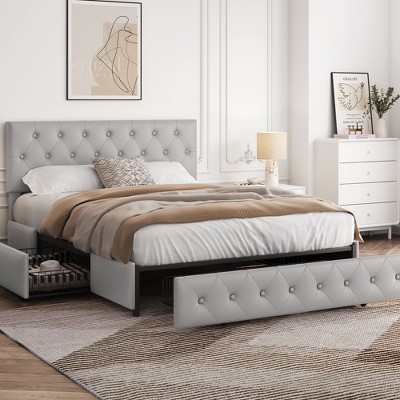 Yaheetech Upholstered Faux Leather Bed Frame with Adjustable Headboard