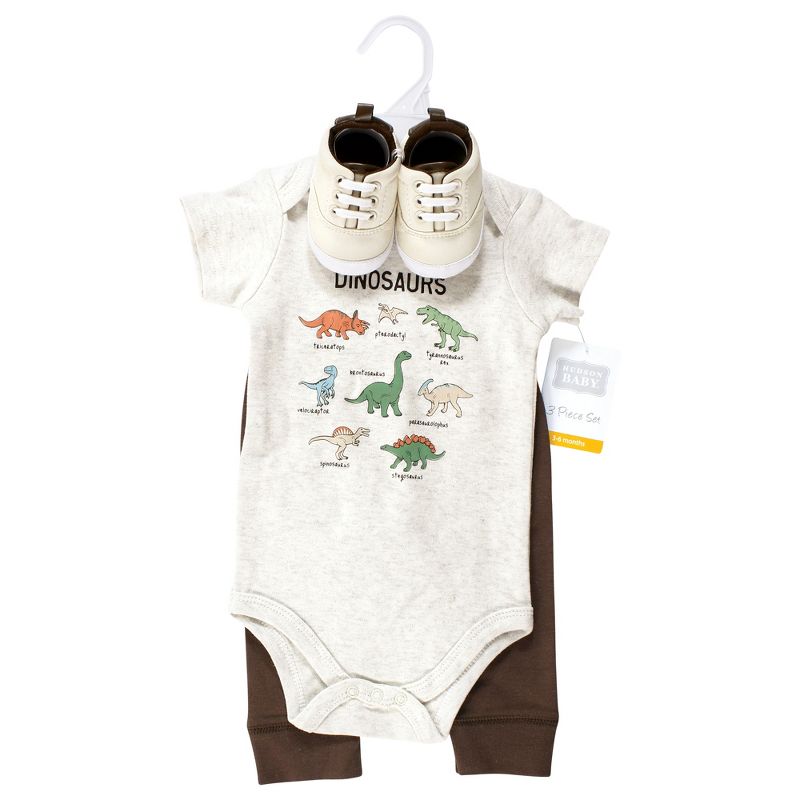 Hudson Baby Infant Boy Cotton Bodysuit, Pant and Shoe Set, Dinosaur Adventures, 2 of 6