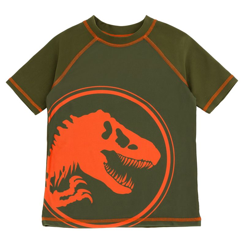 Jurassic Park T-Rex Toddler Boys UPF 50+ Rash Guard Twill Swim Trunks Outfit Set Logo Green 2T, 2 of 5
