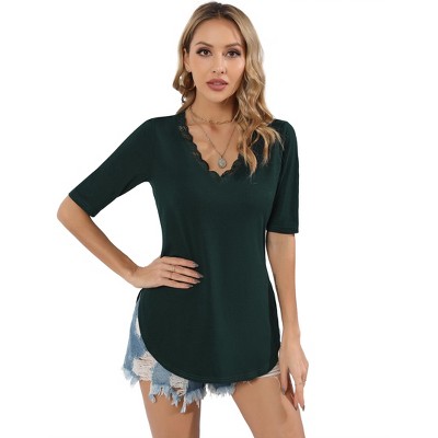 Womens Lace Trim V Neck T-Shirt Mid Sleeve Curved Bottom Casual Blouse Summer