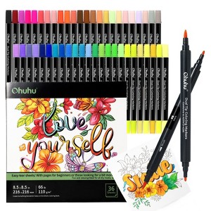 Ohuhu Markers Brush Tip 48-colors with 100% Bleed-proof 36-sheet Stress-Relief Coloring Book - Dual Tipped Markers for Adults - Fine & Brush - 1 of 4