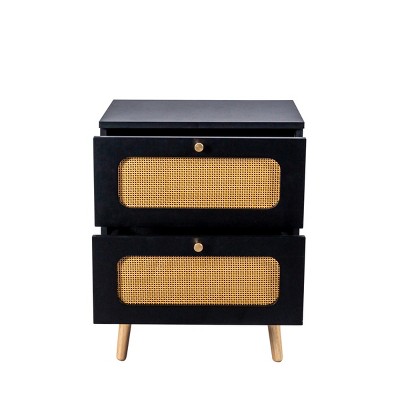 GlasFlength Nightstands Modern Rattan Accent Bedside Table with Two Woven Drawers Elegant Style for Bedroom, Black, 18.9"*13.58"*23.8"