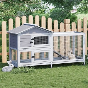 63" Wooden Rabbit Hutch with 6 Lockable Wheels, 2 Story Rabbit Cage with Pull-Out Tray & Non-slip Ramp, Large Bunny Hutch Indoor Outdoor - 1 of 4