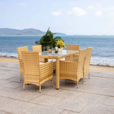 Natural Wicker 6-Person Outdoor Dining Set with Glass Table