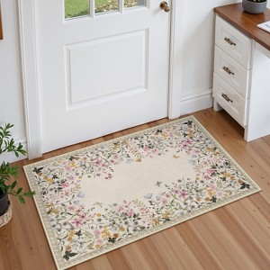 Lahome Short Velvet Geometric Floral Floor Mat-Natural Bio-Printed Soft Rug for Living Room, Bedroom, or Entryway - 1 of 4