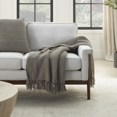 Gray Woven Chenille Knitted Throw Blanket with Tassels