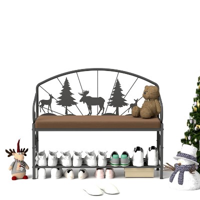 Vynxaria White Black Shoe Rack Bench for Entryway with Upholstered Seating