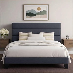 Allewie Platform Bed Frame with Fabric Upholstered Headboard and Wooden Slats Support, Fully Upholstered Mattress Foundation/No Box Spring Needed - 1 of 4