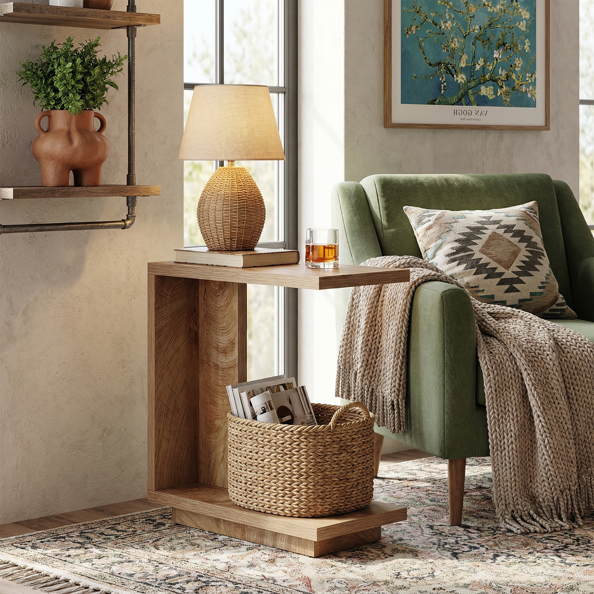MAYEERTY C-Shaped Wood End Table, Sofa Side Nightstand Bedside Table