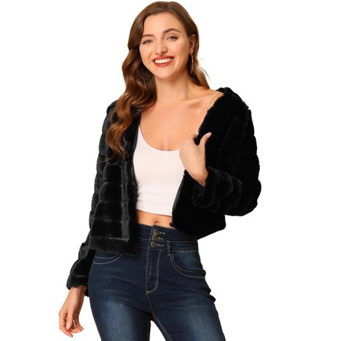 Black faux clearance fur collarless jacket