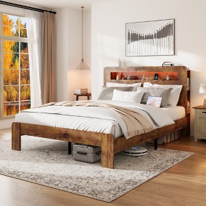 TiramisuBest Queen Size Wood Platform Bed Frame w/ Storage, LED Headboard, 2 USB, Dark Brown, No Box Spring - 1 of 4
