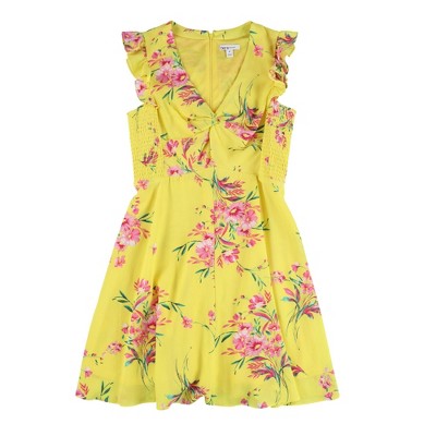 bar III Womens Floral Fit & Flare Dress, Yellow, Medium