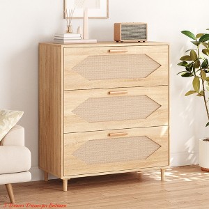 Kids Bedroom 3 Drawer Dresser for Bedroom, 31.5 Wide Rattan Modern Closet Dressers Chest of Drawers, Wood Oak Storage Chest - 1 of 4