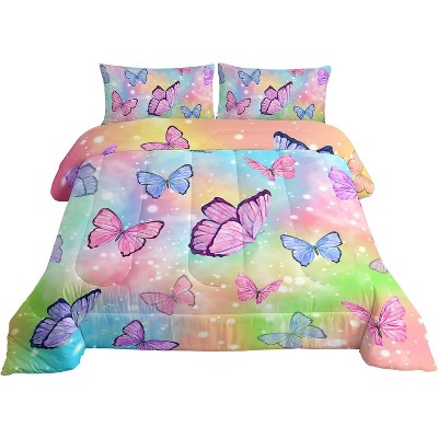 Boersma Bedding Comforter Set Rainbow Watercolor Butterfly Printed Pattern Quilt with 1 and 2 Pillowcases for Girls Bedroom All Season