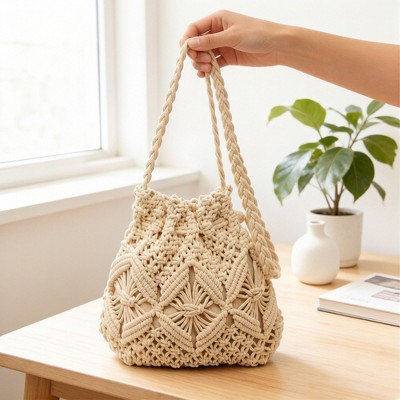 Сумки Alilang Macrame Bucket Bag Knotted Rope Handbag Drawstring Shoulder Bag Textured Woven Crossbody Style Lightweight Boho Purse - Light Beige — фото 2