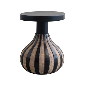 Round Mango Wood Side Table with Striped Base, Black and Natural - 1 of 4