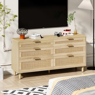 ALEXOUN 59" Rattan Dresser with 6 Drawers,Clothes Storage Cabinet for Bedroom, Metal Handle & Wood Legs for Hallway, Living Room, Bedroom