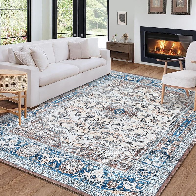 Washable Rug Vintage Bohemian Medallion Area Rugs with Non-Slip Backing Non-Shedding Floor Mat, 5' x 7' Blue Beige, 3 of 9