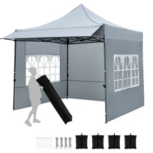 Costway 10 x 10 FT Pop up Canopy Tent with Sidewalls & Awning, Wheeled Bag, Sandbags, Stake Pink/White/Gray - 1 of 4