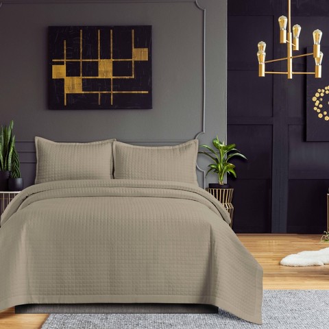Tribeca Living Queen Naples Microfiber Quilt Set Taupe - Tribeca Living: Solid Midweight Bedding, Includes 2 Shams, Box Quilting